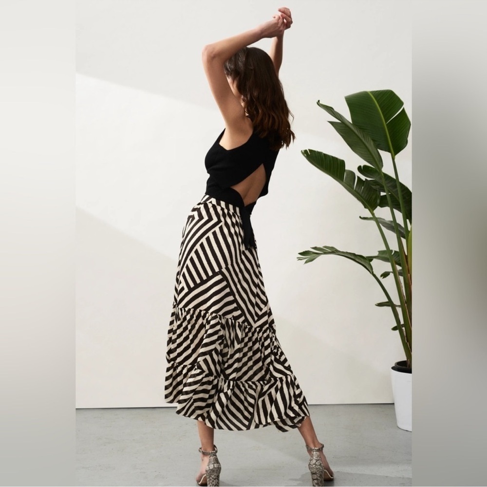 Sachin & Babi Womens Miranda Striped Slit Brown Beige Midi Skirt Size 12 New - Picture 2 of 8